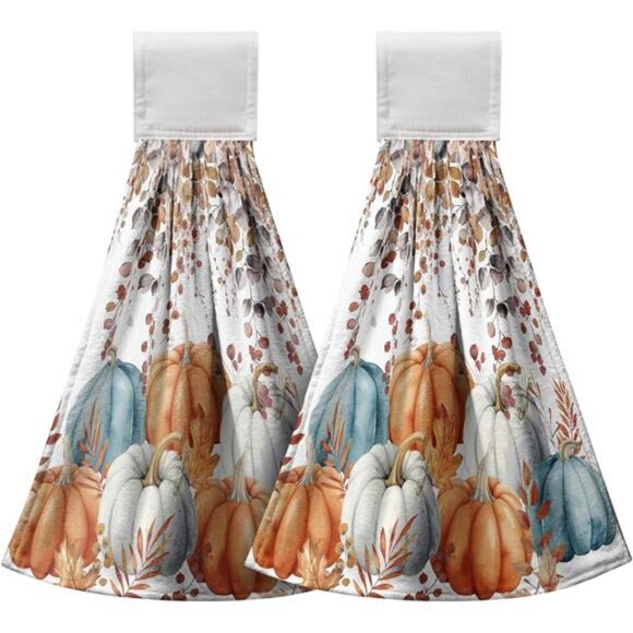 Fall Pumpkins Kitchen Hand Towels with Loop 2 Pcs‎ Autumn Leaves Pumpkin Hanging - Picture 7 of 8